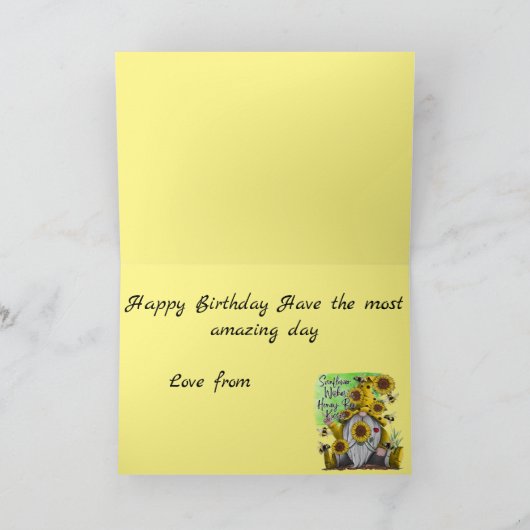 Zonnebloem Kabouter Verjaardag Kaart (Binnen)