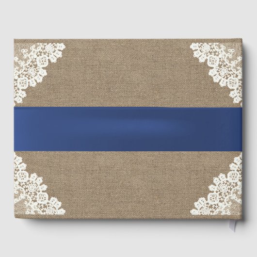 Zonnebloem Kant & Burlap Blauw Lint Rustieke bruil Gastenboek (Achterkant)