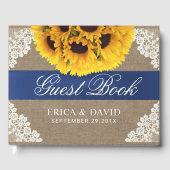 Zonnebloem Kant & Burlap Blauw Lint Rustieke bruil Gastenboek (Voorkant)