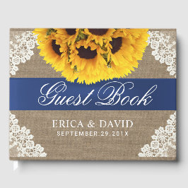 Zonnebloem Kant & Burlap Blauw Lint Rustieke bruil Gastenboek