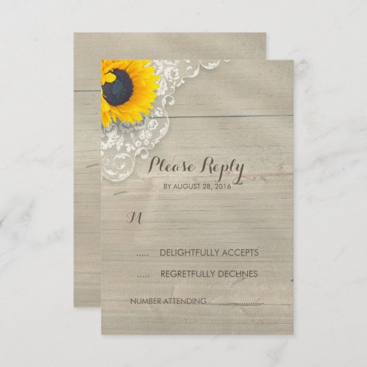 Zonnebloem kant en hout rustieke bruiloft RSVP Kaa (Voorkant / Achterkant)