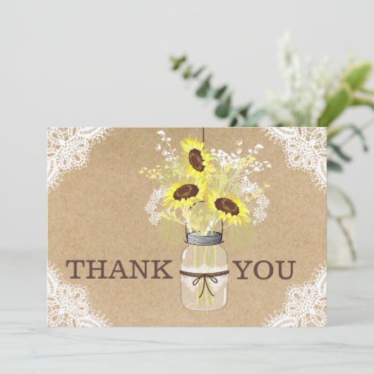 Zonnebloem Kant Kraft Modern Rustiek Dank u Bedankkaart (Staand voorkant)