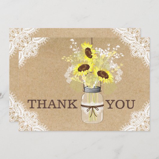 Zonnebloem Kant Kraft Modern Rustiek Dank u Bedankkaart (Voorkant / Achterkant)