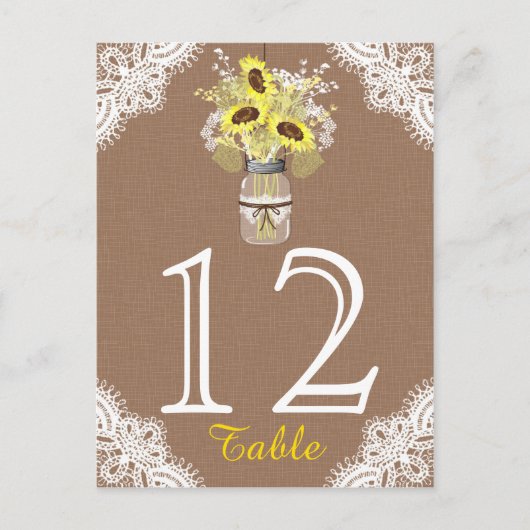 Zonnebloem Kant Mason Jar Rustieke Bruiloft Tafel  Briefkaart (Voorkant)