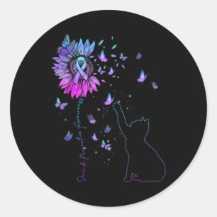 Zonnebloem Kat Blauwgroen en Paarse lint Zelfmoord Ronde Sticker