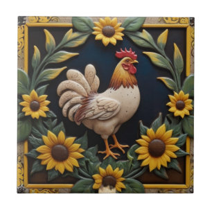 Zonnebloem Kip - Bruine Hen & Gele Zonnebloemen Tegeltje