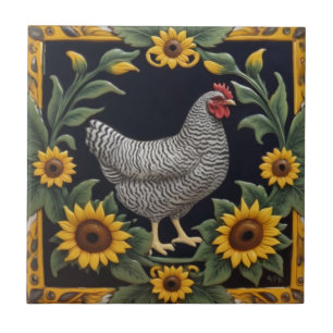 Zonnebloem Kip - Grijze Hen & Zonnebloemen Tegeltje