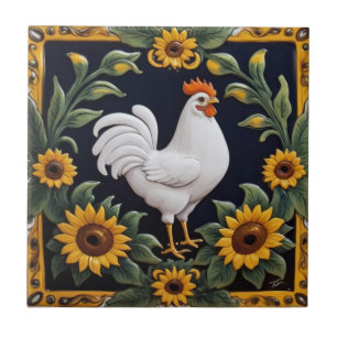 Zonnebloem Kip - Witte Hen & Gele Zonnebloemen Tegeltje