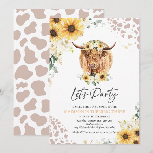 Zonnebloem Koe Birthday Party Kaart (Voorkant / Achterkant)