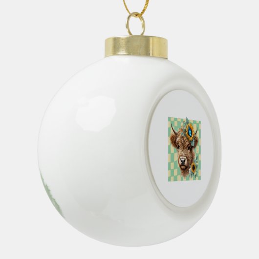 Zonnebloem Koe, Schattigee Highland Koe Keramische Bal Ornament (Links)