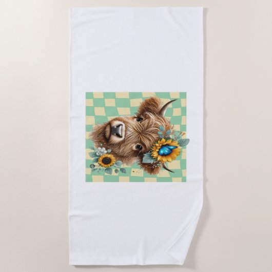 Zonnebloem Koe, Schattigee Highland Koe Strandlaken (Voorkant)