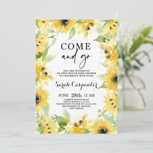 Zonnebloem Kom en ga Baby shower Uitnodiging (Staand voorkant)