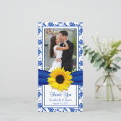 Zonnebloem Koninklijk Blauwe Bloemige Trouw Dankje Bedankkaart (Staand voorkant)