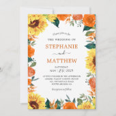 Zonnebloem Koraal Bloemen Border Wedding Kaart (Voorkant)