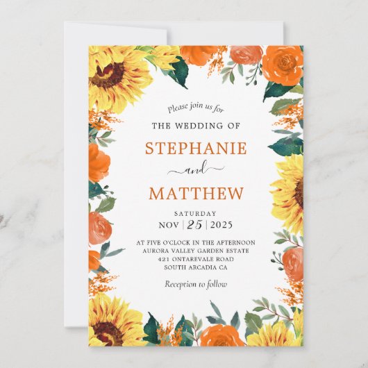 Zonnebloem Koraal Bloemen Border Wedding Kaart (Voorkant)