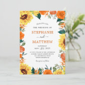 Zonnebloem Koraal Bloemen Border Wedding Kaart (Staand voorkant)