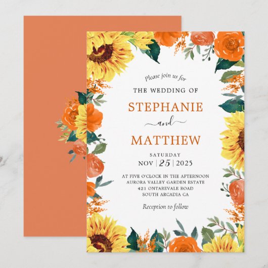 Zonnebloem Koraal Bloemen Border Wedding Kaart (Voorkant / Achterkant)