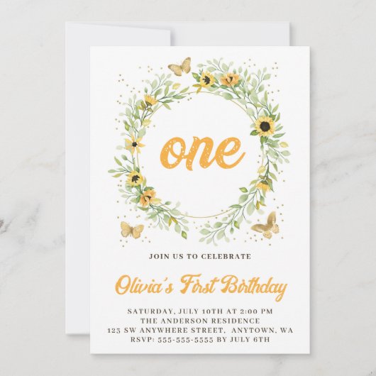 Zonnebloem Krans Met Cute Vlinders Verjaardag Kaart (Voorkant)