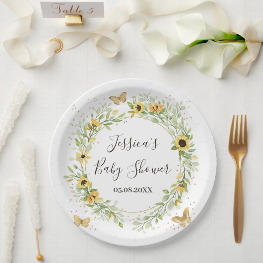 Zonnebloem Krans met Mooie Vlinders Baby Shower Papieren Bordje (Huwelijk)