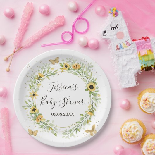 Zonnebloem Krans met Mooie Vlinders Baby Shower Papieren Bordje (Feest)