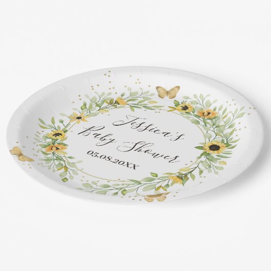 Zonnebloem Krans met Mooie Vlinders Baby Shower Papieren Bordje (Gekanteld)