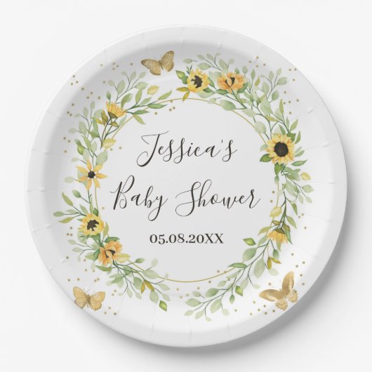 Zonnebloem Krans met Mooie Vlinders Baby Shower Papieren Bordje (Voorkant)