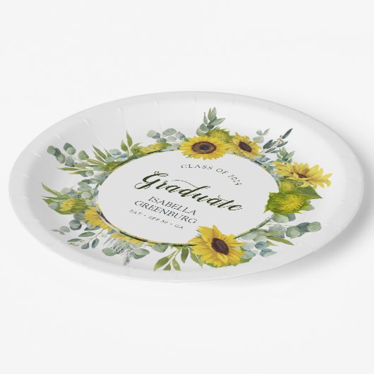 Zonnebloem krans Script Graduation Party Papieren Bordje (Gekanteld)