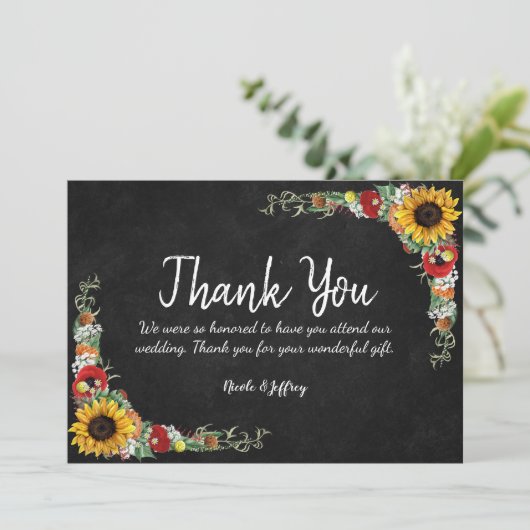 Zonnebloem krijtbord land bruiloft dank u bedankkaart (Staand voorkant)