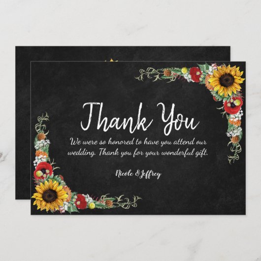 Zonnebloem krijtbord land bruiloft dank u bedankkaart (Voorkant / Achterkant)
