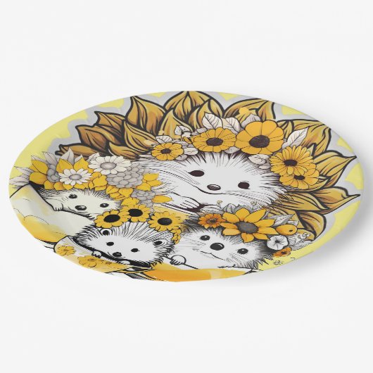 Zonnebloem kronen egel picknick papieren bordje (Gekanteld)