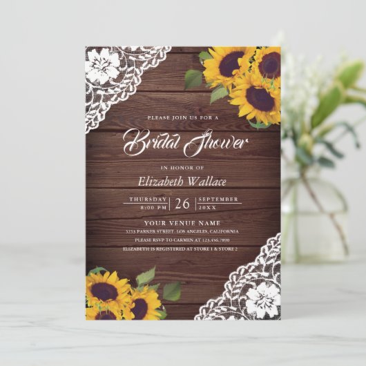 Zonnebloem Lace Wood Foto QR Code Vrijgezellenfees Kaart (Staand voorkant)