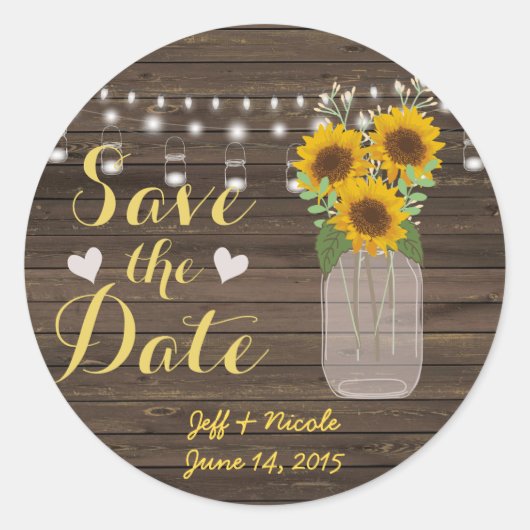 Zonnebloem Land Hout Mason Jar Save the Date Ronde Sticker (Voorkant)