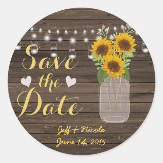 Zonnebloem Land Hout Mason Jar Save the Date Ronde Sticker