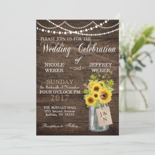 Zonnebloem Land Mason Jar bruiloft uitnodiging (Staand voorkant)