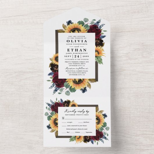 Zonnebloem Land Rustic Fall Wedding RSVP All In One Uitnodiging (Binnen)