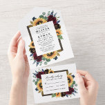 Zonnebloem Land Rustisch Elegant Fall Wedding RSVP All In One Uitnodiging<br><div class="desc">Het ontwerp komt ook in een maaltijdkeus optie. Zie de blauwe link van het collectie op deze pagina om het en passende producten in dit ontwerpschema te vinden. In het ontwerp staan elegante waterverf rozen, pinda's, wilde bloemen en zonnebloemen in verschillende tinten van woegeerrood, blauw van de marine en meer...</div>