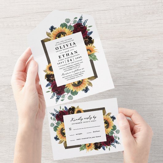 Zonnebloem Land Rustisch Elegant Fall Wedding RSVP All In One Uitnodiging