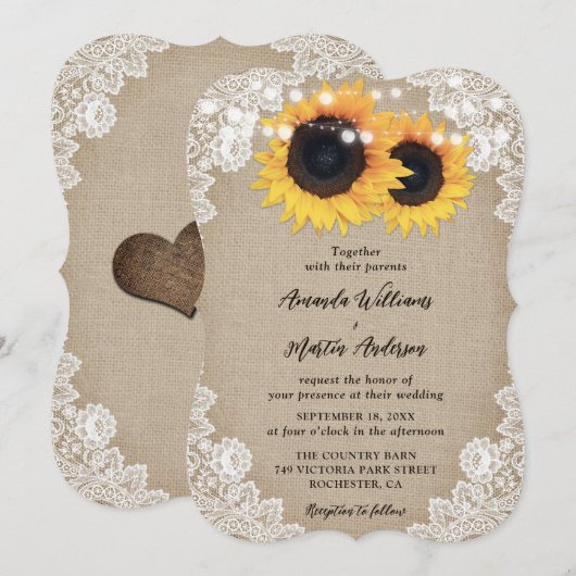 Zonnebloem Landelijke Kanten Huwelijks Uitnodiging (Voorkant / Achterkant)