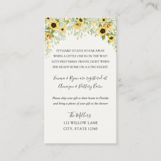 Zonnebloem Langafstand baby shower Informatiekaartje (Voorkant)