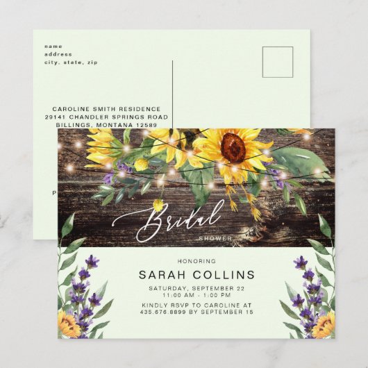 Zonnebloem & Lavendel Bruids rustieke Munt Uitnodiging Briefkaart (Voorkant / Achterkant)