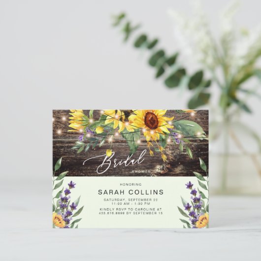 Zonnebloem & Lavendel Bruids rustieke Munt Uitnodiging Briefkaart (Staand voorkant)