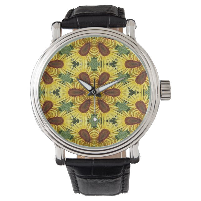 Zonnebloem  lederen riem Zwarte horloge (Voorkant)
