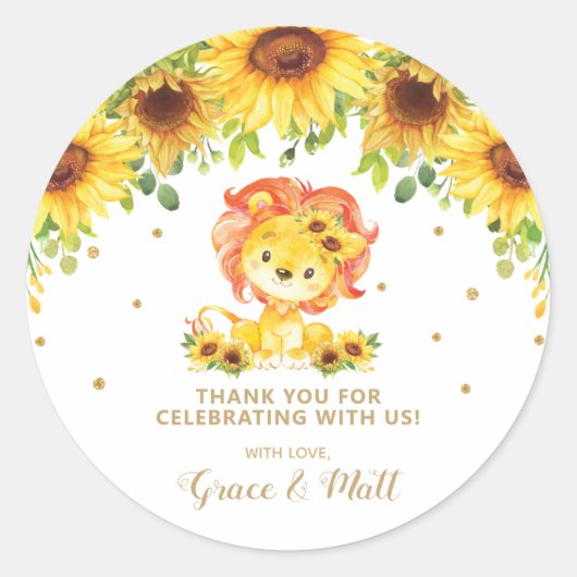 Zonnebloem Leeuw Baby shower Dank u gouden glitter Ronde Sticker (Voorkant)