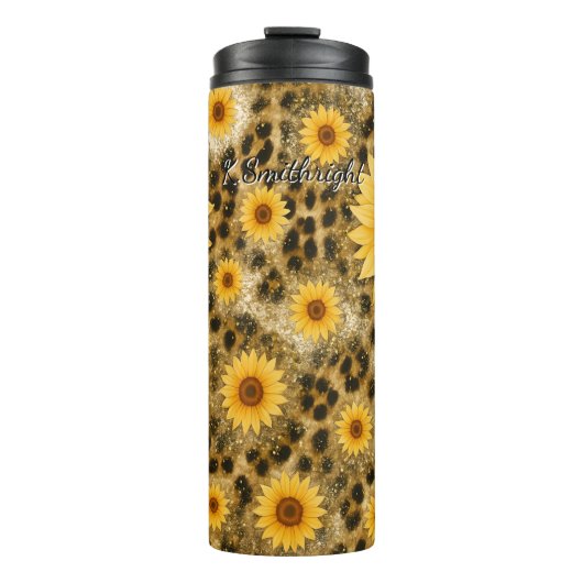 Zonnebloem Leopard Print Glitter Thermosbeker (Voorkant)