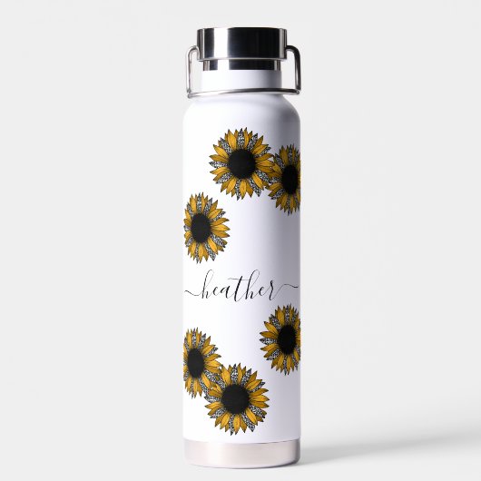 Zonnebloem Leopard Spot Monogram Naam Gepersonalis Waterfles (Achterkant)