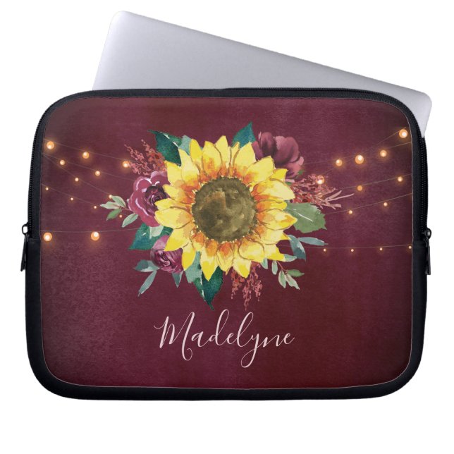 Zonnebloem Licht Floral Burgundy Waterverf Laptop Sleeve (Voorkant)