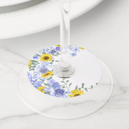 Zonnebloem & Lichtblauwe Rozen Wijnglas Label Labe