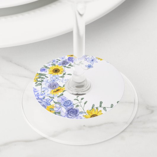 Zonnebloem & Lichtblauwe Rozen Wijnglas Label Labe (Dichtbij)