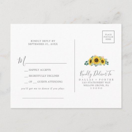 Zonnebloem lied verzoek RSVP ansichtkaart Uitnodiging Briefkaart (Achterkant)