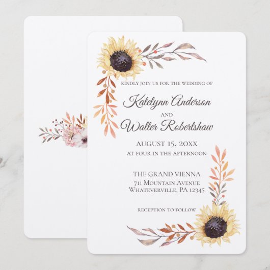 Zonnebloem Lijst Late zomer Bloemen bruiloft Kaart (Voorkant / Achterkant)